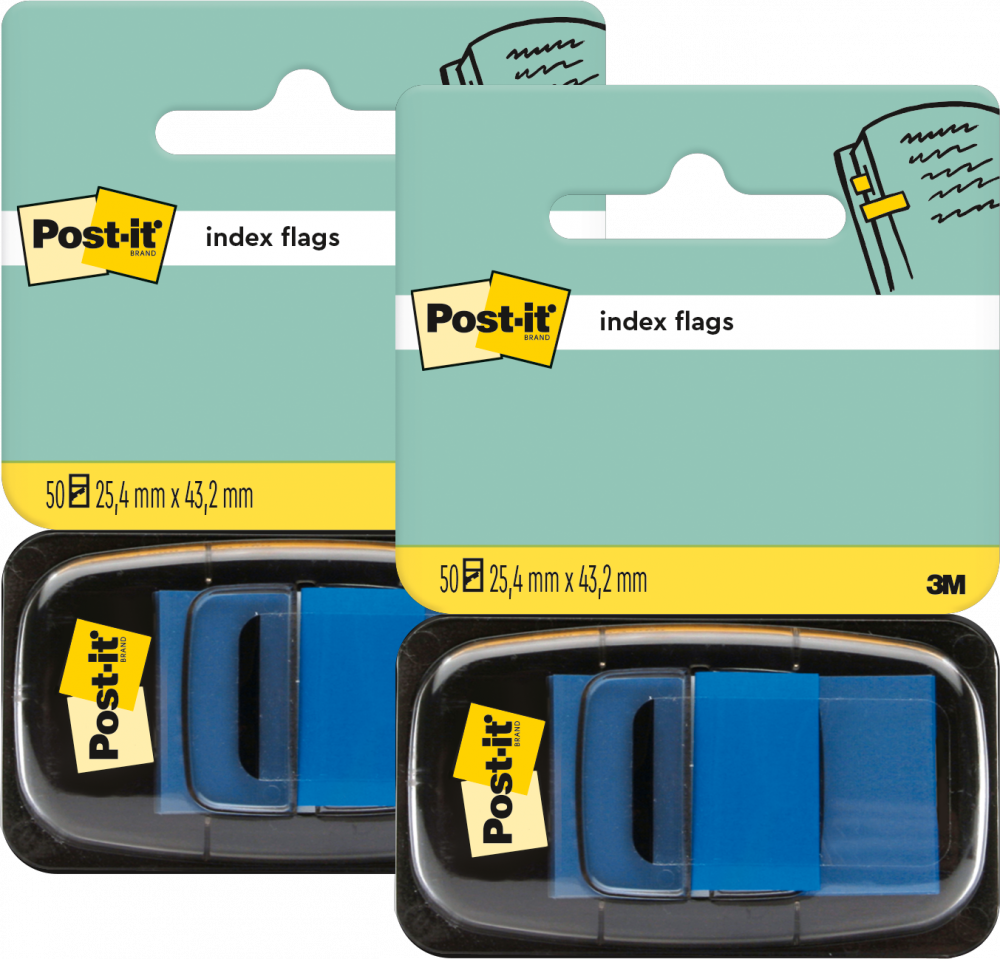 2x Zakładki samoprzylepne Post-it proste, indeksujące, folia, półtransparentne, 25x43mm, 1x50 sztuk, niebieski