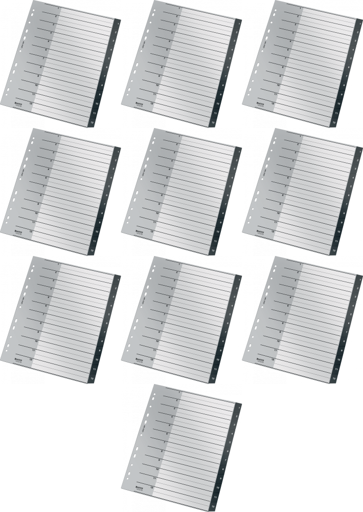 10x Przekładki do segregatora Leitz Recycle, plastikowe, numeryczne, A4 maxi, 1 - 12 kart