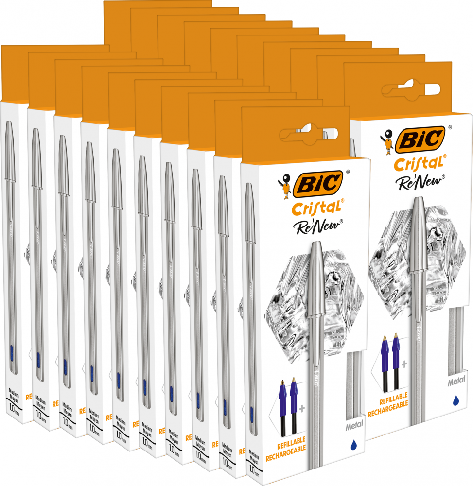 20x Długopis Bic Cristal Re'new Metal, 1mm+2 wkłady, niebieski