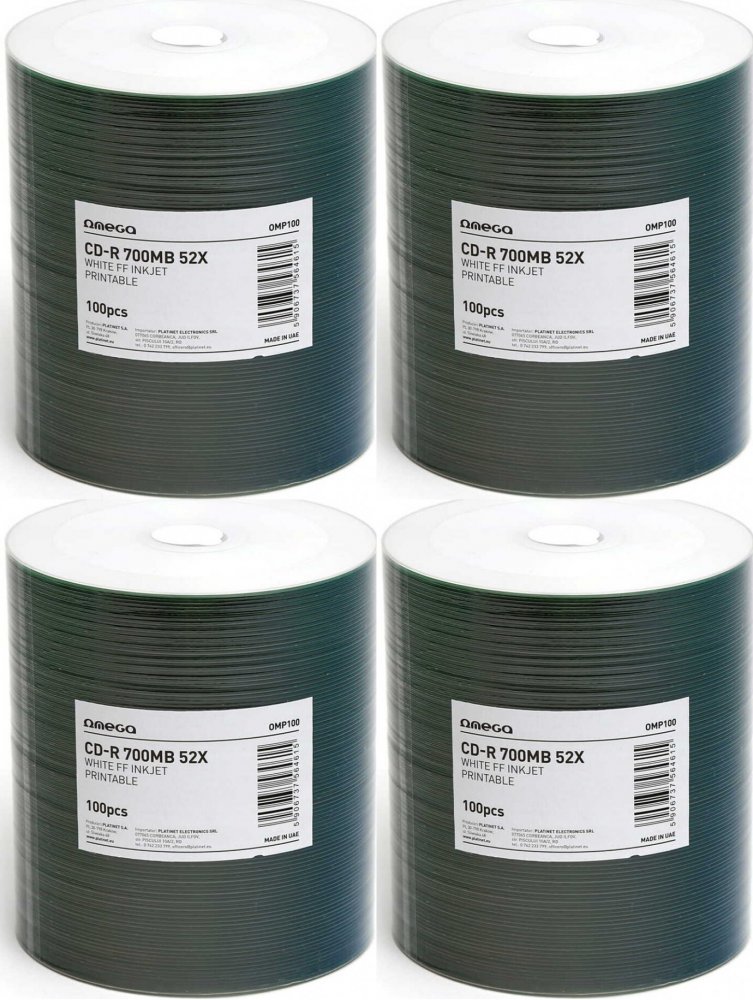 4x Płyta CD-R Omega, do nadruku, do jednokrotnego zapisu, 700 MB, folia, 100 sztuk