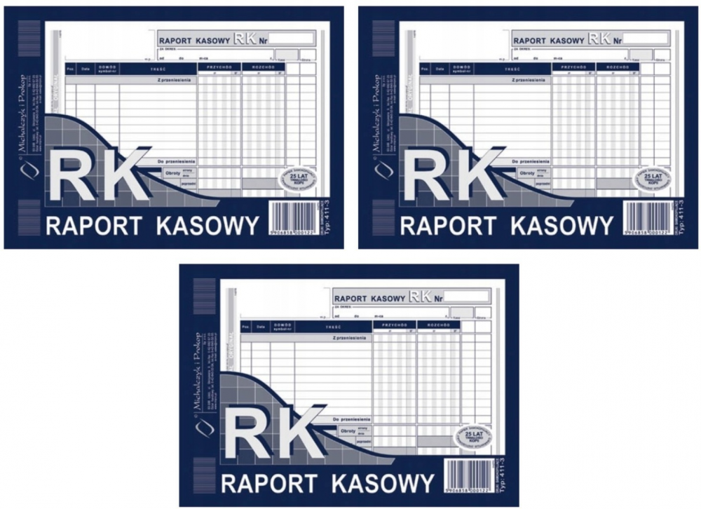 3x Druk akcydensowy Raport kasowy MiP 411-3, A5, 1 kopia, 80k