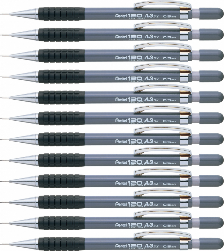 12x Ołówek automatyczny Pentel A300, 0.5mm, z gumką, szary