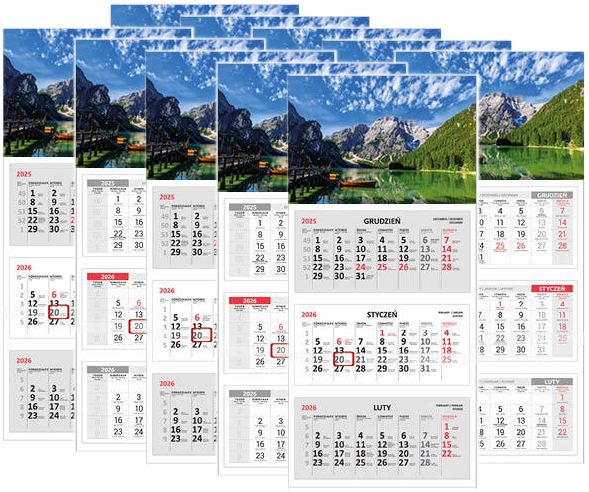 10x Kalendarz ścienny 2026, Udziałowiec, trójdzielny, 310x680mm, jezioro