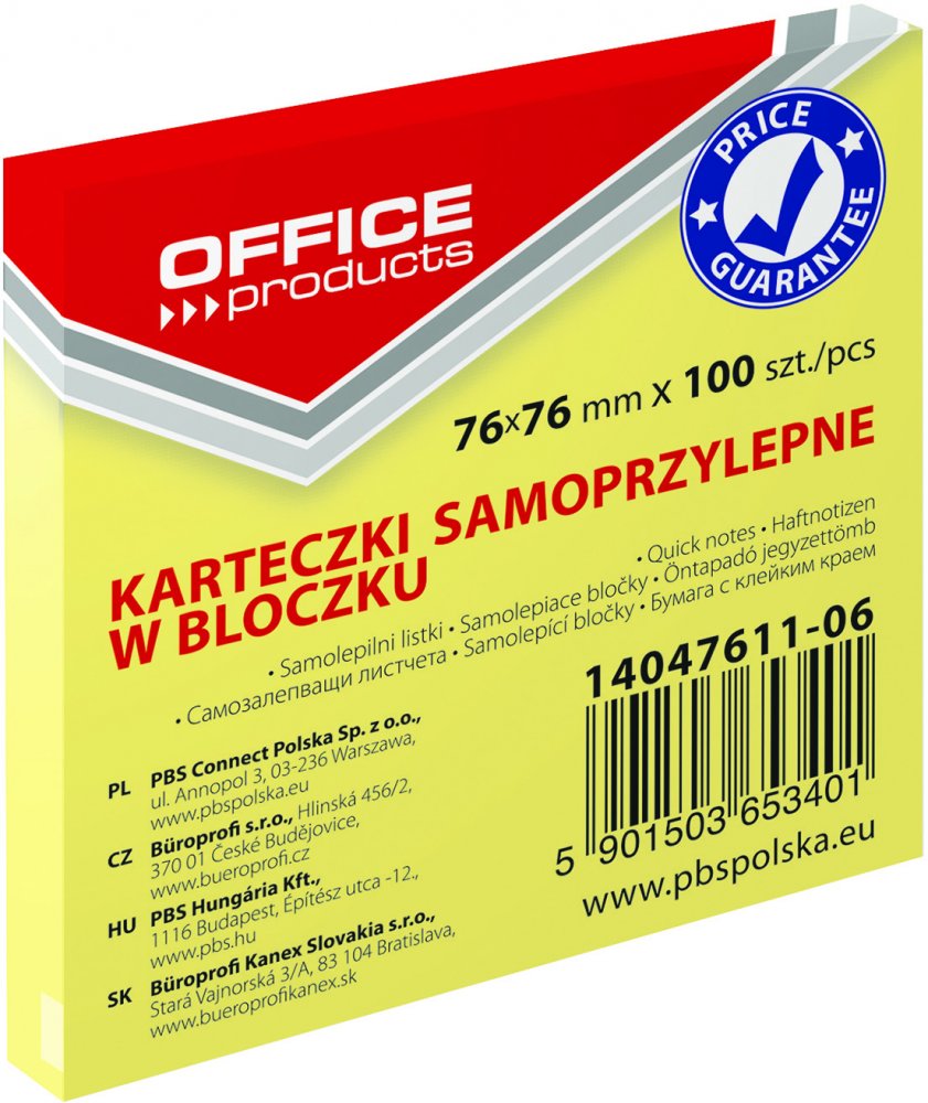 Karteczki samoprzylepne Office Products, 76x76mm, 100 karteczek, jasnożółty pastelowy