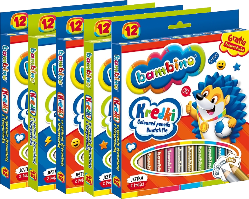 5x Kredki Bambino Zwierzaki Uczniaki, w oprawie drewnianej, 12 sztuk + temperówka, mix kolorów