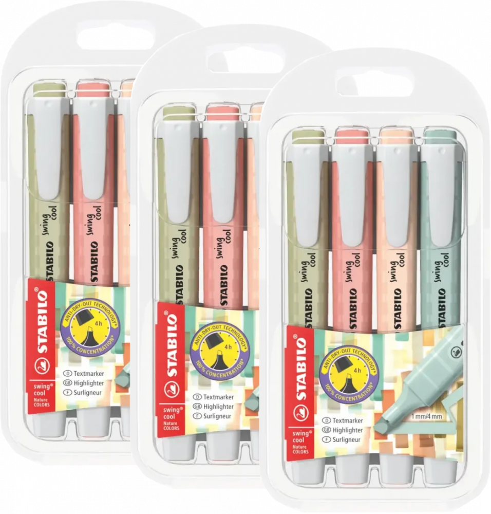 3x Zakreślacze Stabilo Swing Cool NatureCOLORS, ścięta, 4 sztuki, mix kolorów