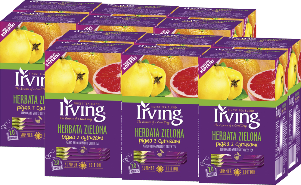 12x Herbata zielona smakowa w kopertach Irving, pigwa z cytrusami, 20 sztuk x 1.5g