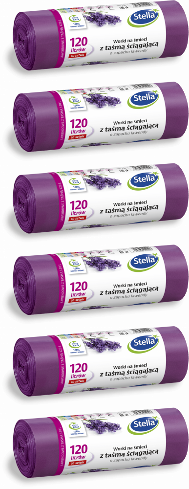 6x Worki na śmieci Stella, na odpady zmieszane, ekologiczne, 120l, 10 sztuk, lawendowe, fioletowy