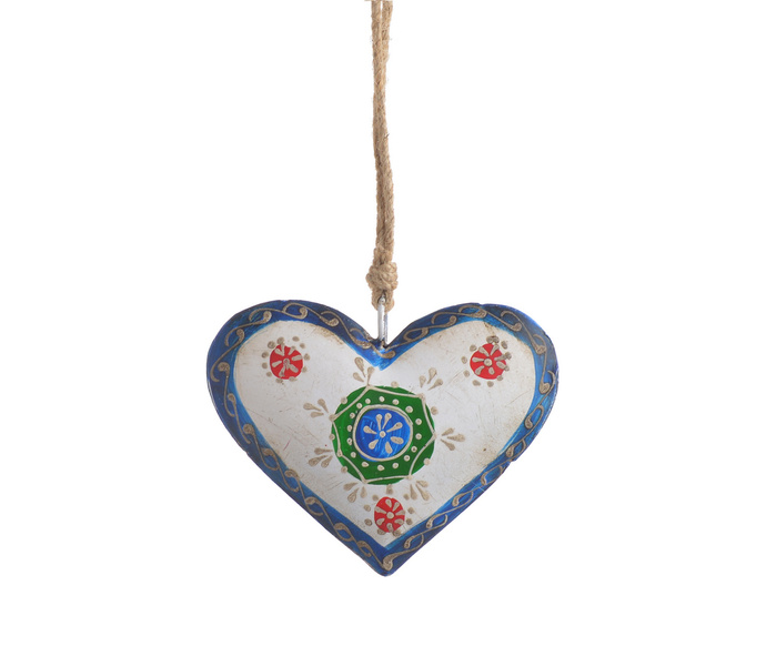 Zawieszka serce metalowe biało-niebieskie sznur jutowy z wzorami 10 cm