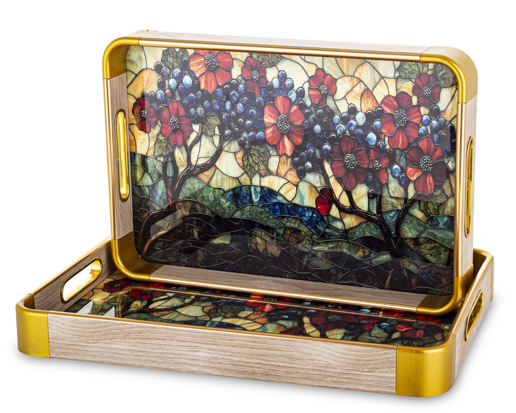 Taca drewniana dekoracyjna z mozaiką kwiaty i winogrona 41,5x30cm