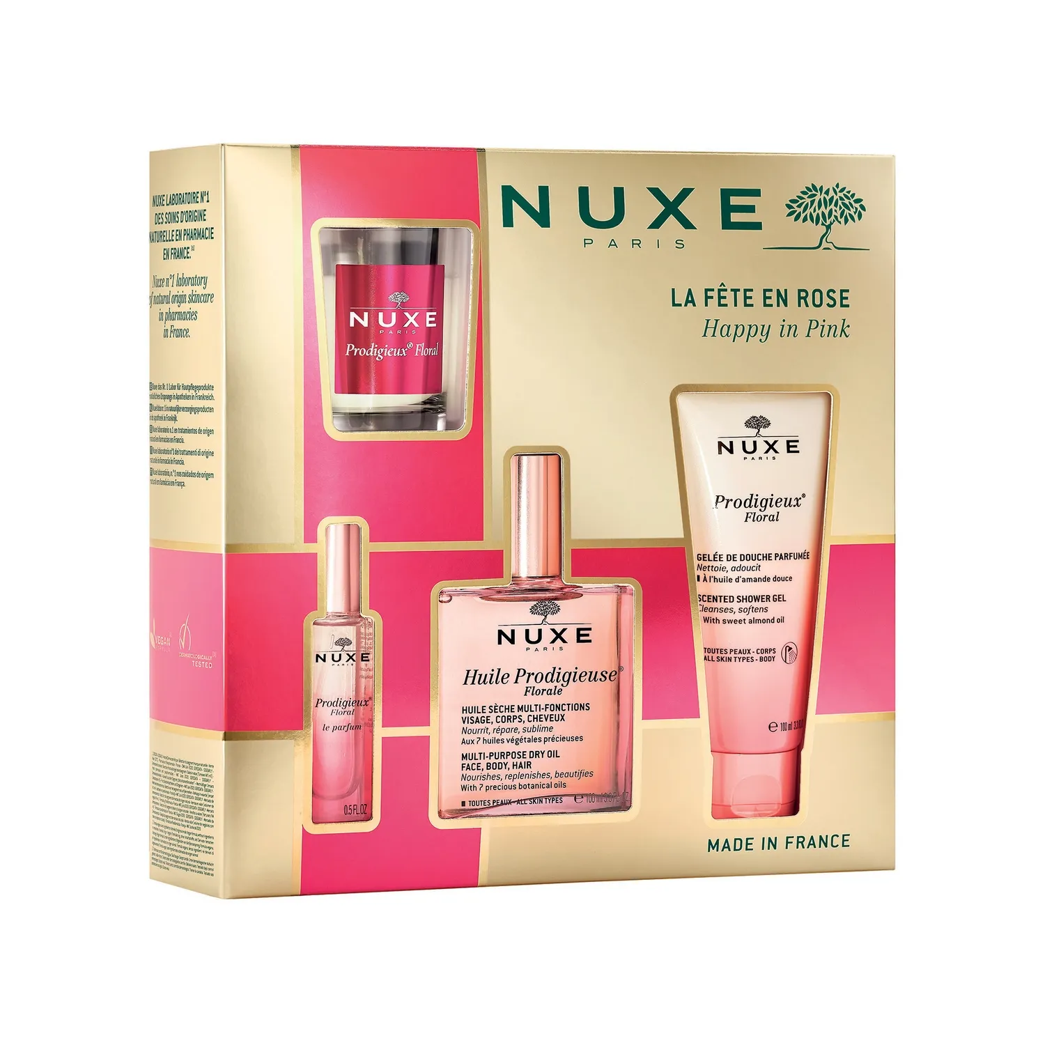 Nuxe prodigieuse floral - suchy olejek, 50 ml + żel pod prysznic, 100 ml + perfumy, 15 ml + świeca zapachowa, 70 g, 1 zestaw