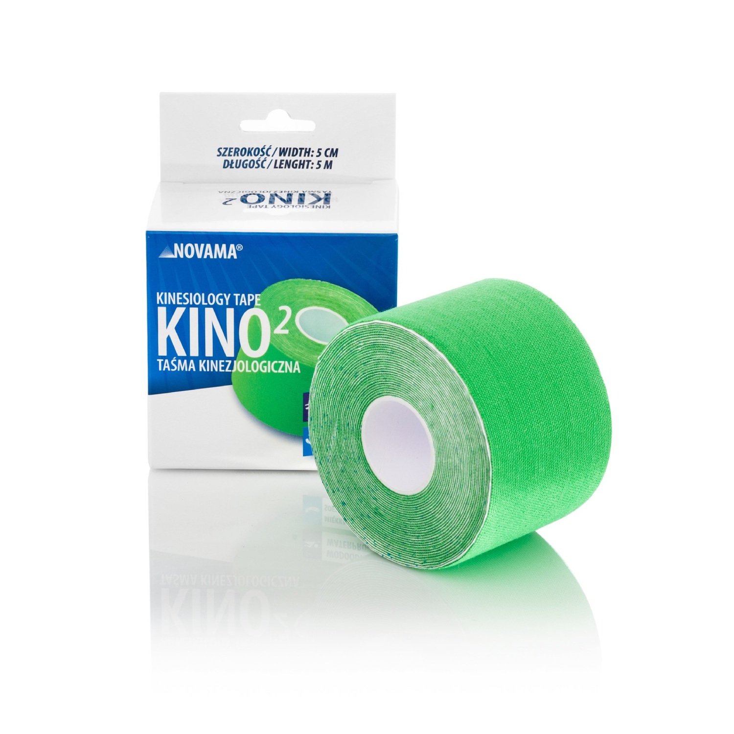 Novama kino2 - taśma kinezjologiczna zielona, wodoodporna, miękka i komfortowa, 5 cm x 5 m, 1 sztuka