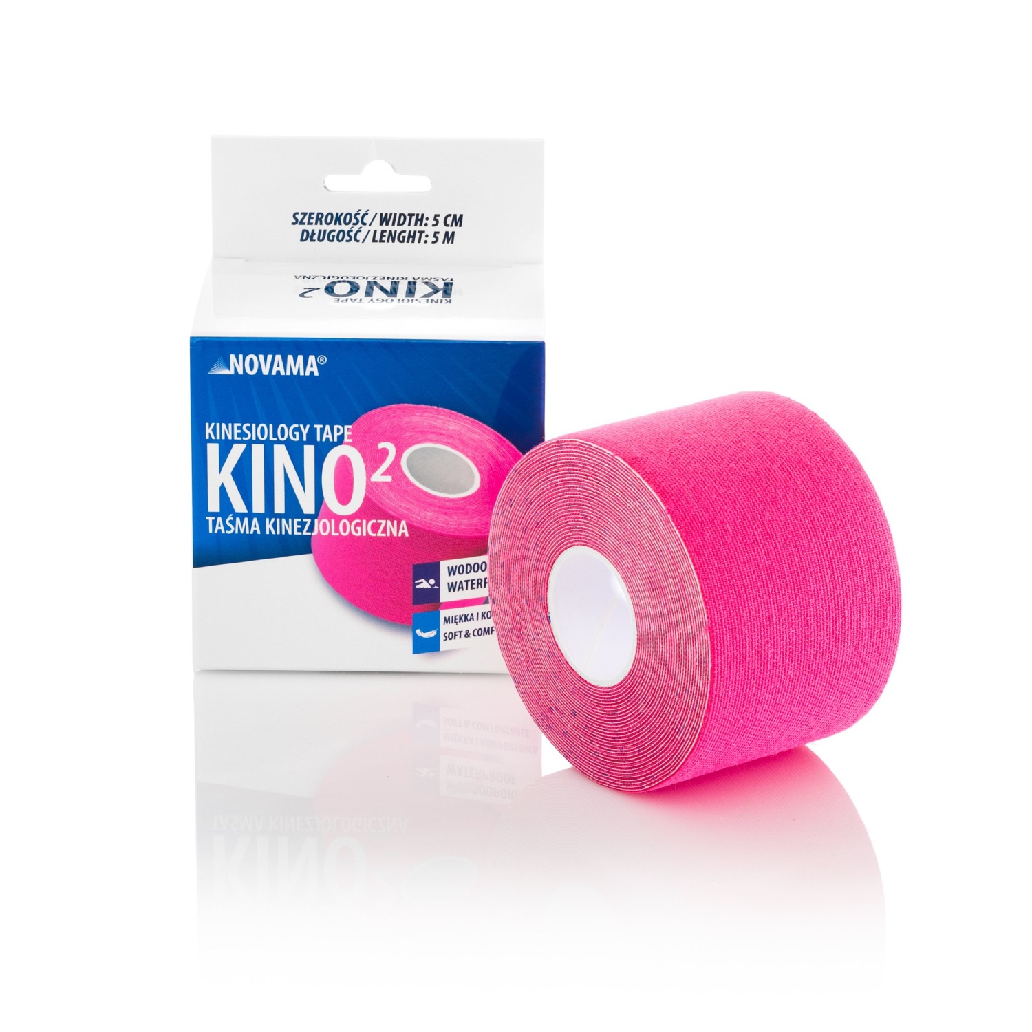 Novama kino2 - taśma kinezjologiczna różowa, wodoodporna, miękka i komfortowa, 5 cm x 5 m, 1 sztuka