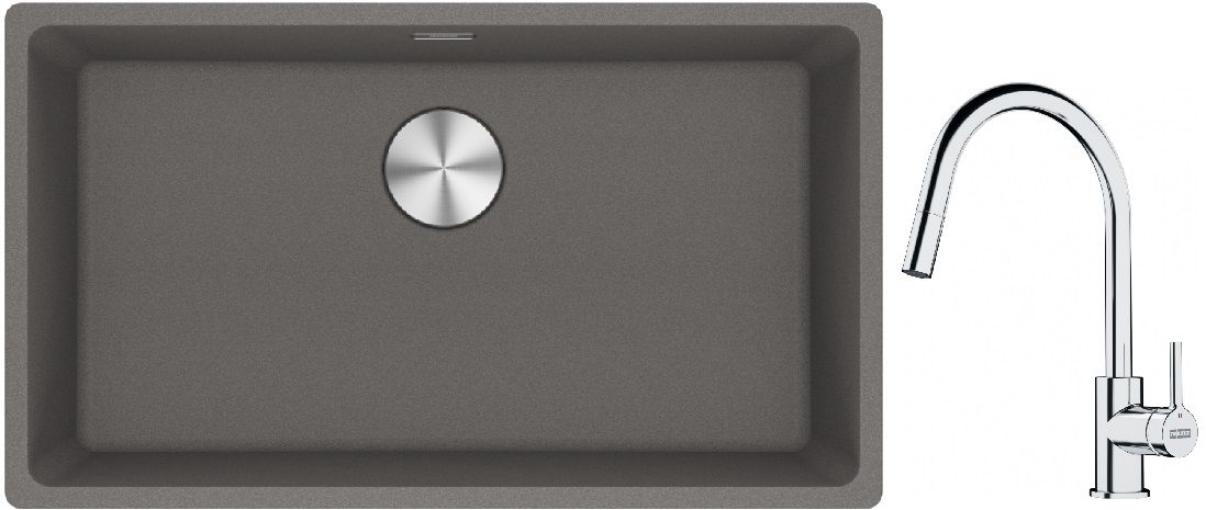 Franke Maris MRG 110-72 zlewozmywak 72x40 cm Fragranite kamienny szary z baterią kuchenną Lina chrom (1250687262, 1150693229)