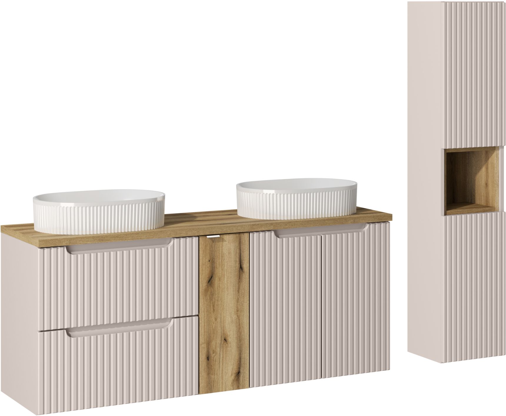 Comad Nova Cashmere szafka 140 cm podumywalkowa wisząca z umywalkami i szafka wysoka 140 cm boczna kaszmir SET-NOC B OAK 140CM D/S UN ...