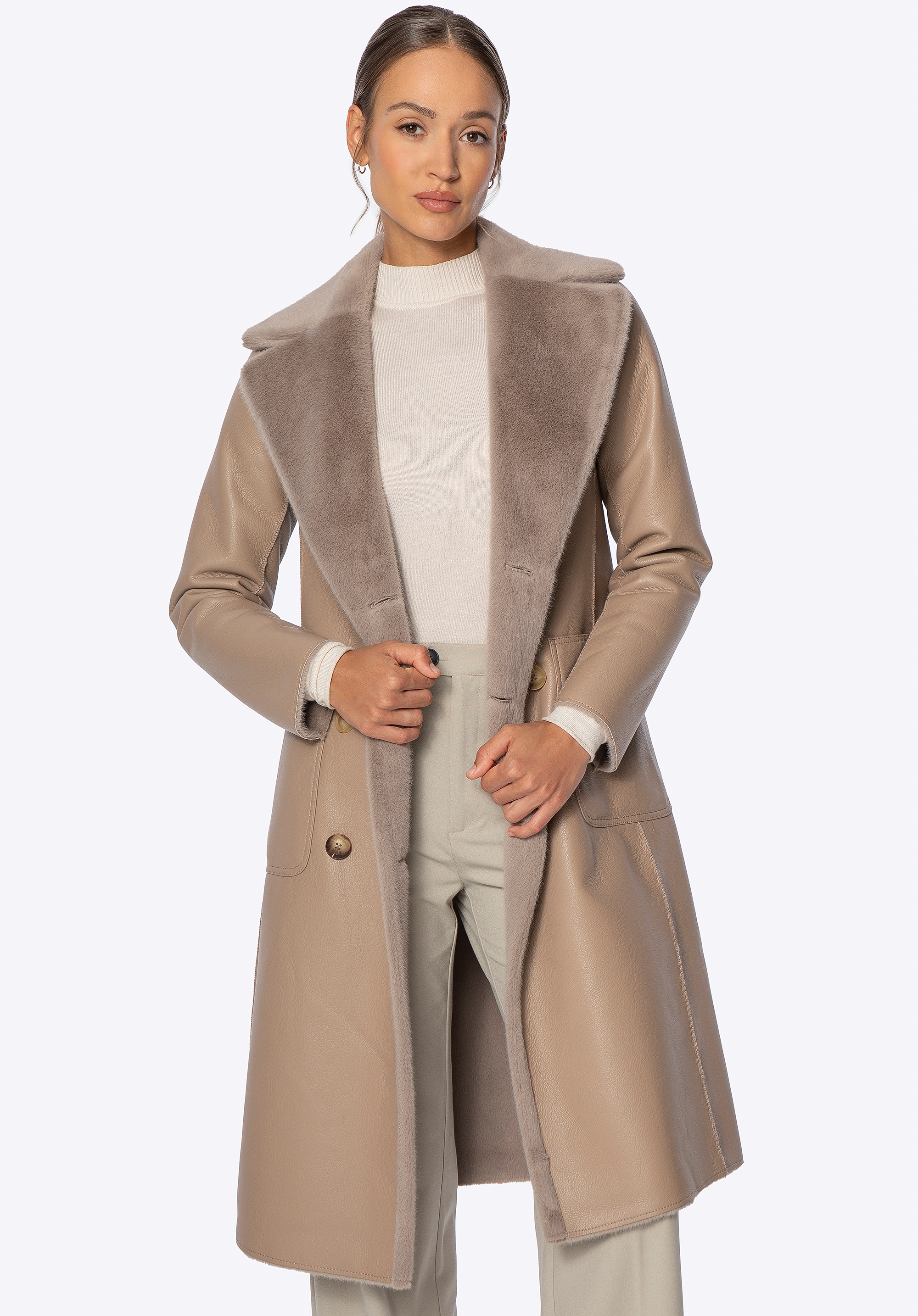 Dodatkowy rabat 25% - Dwustronny damski płaszcz z wiązaniem beżowy