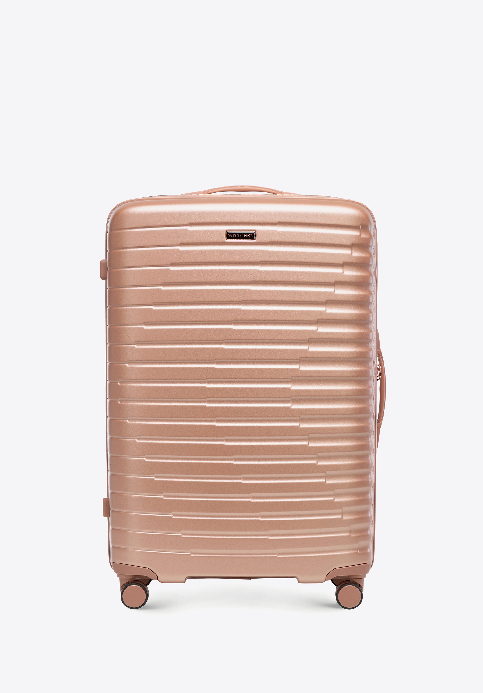 Dodatkowy rabat 25% - Duża walizka z polikarbonu w poziome żebrowanie różowe złoto
