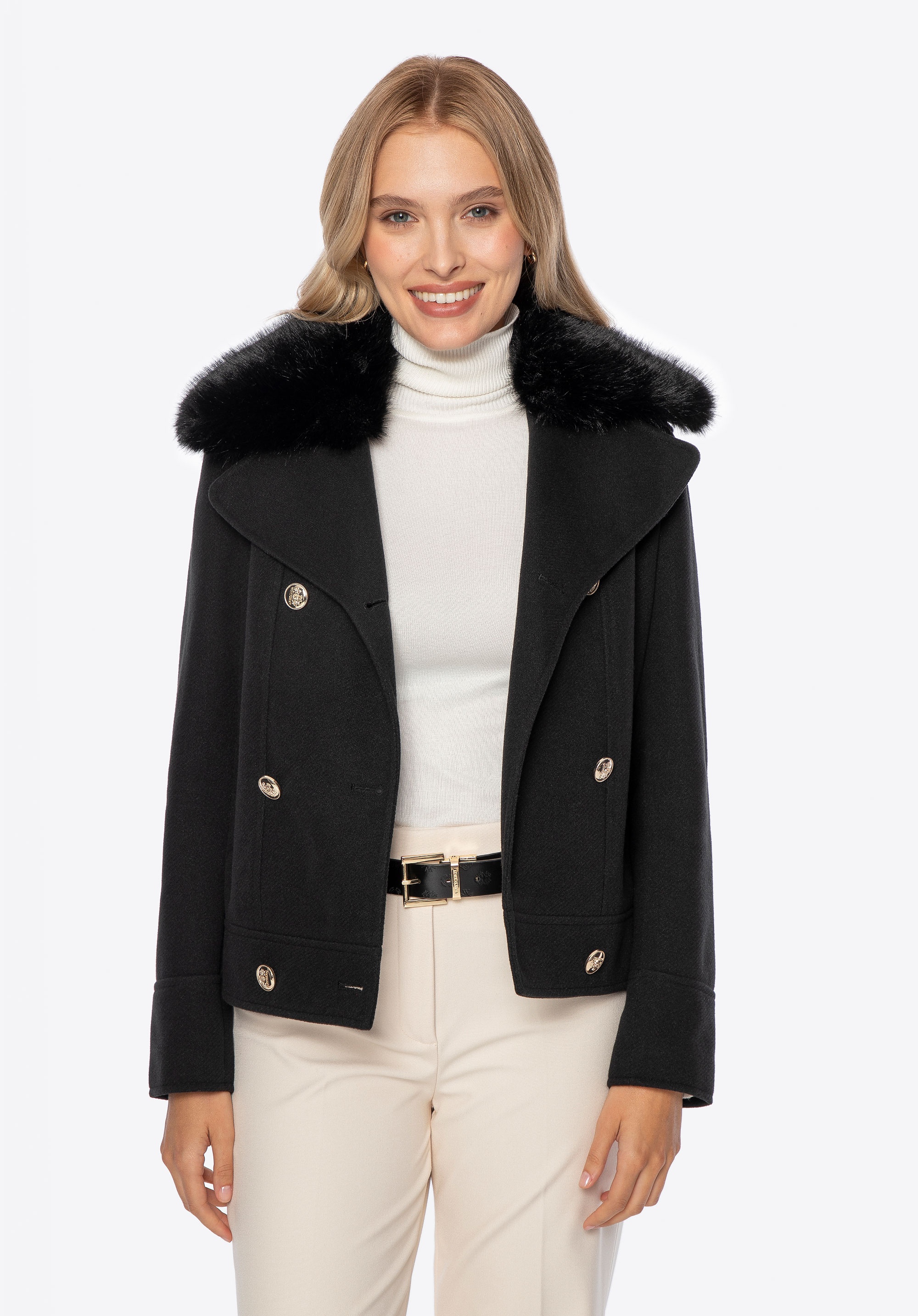 Dwurzędowa kurtka z odpinanym sztucznym futerkiem czarna