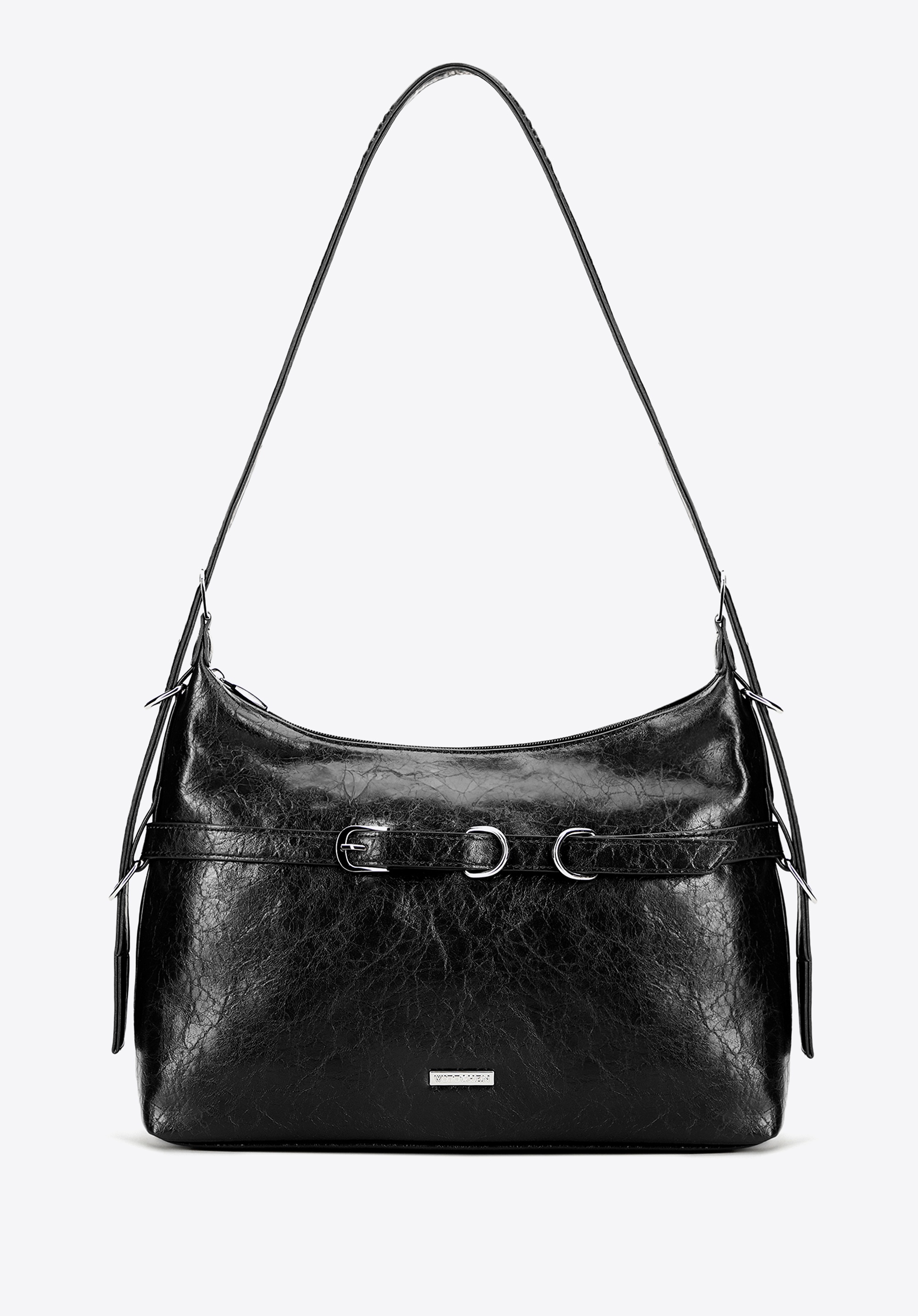 Damska listonoszka z imitacji skóry z ozdobnym paskiem czarna