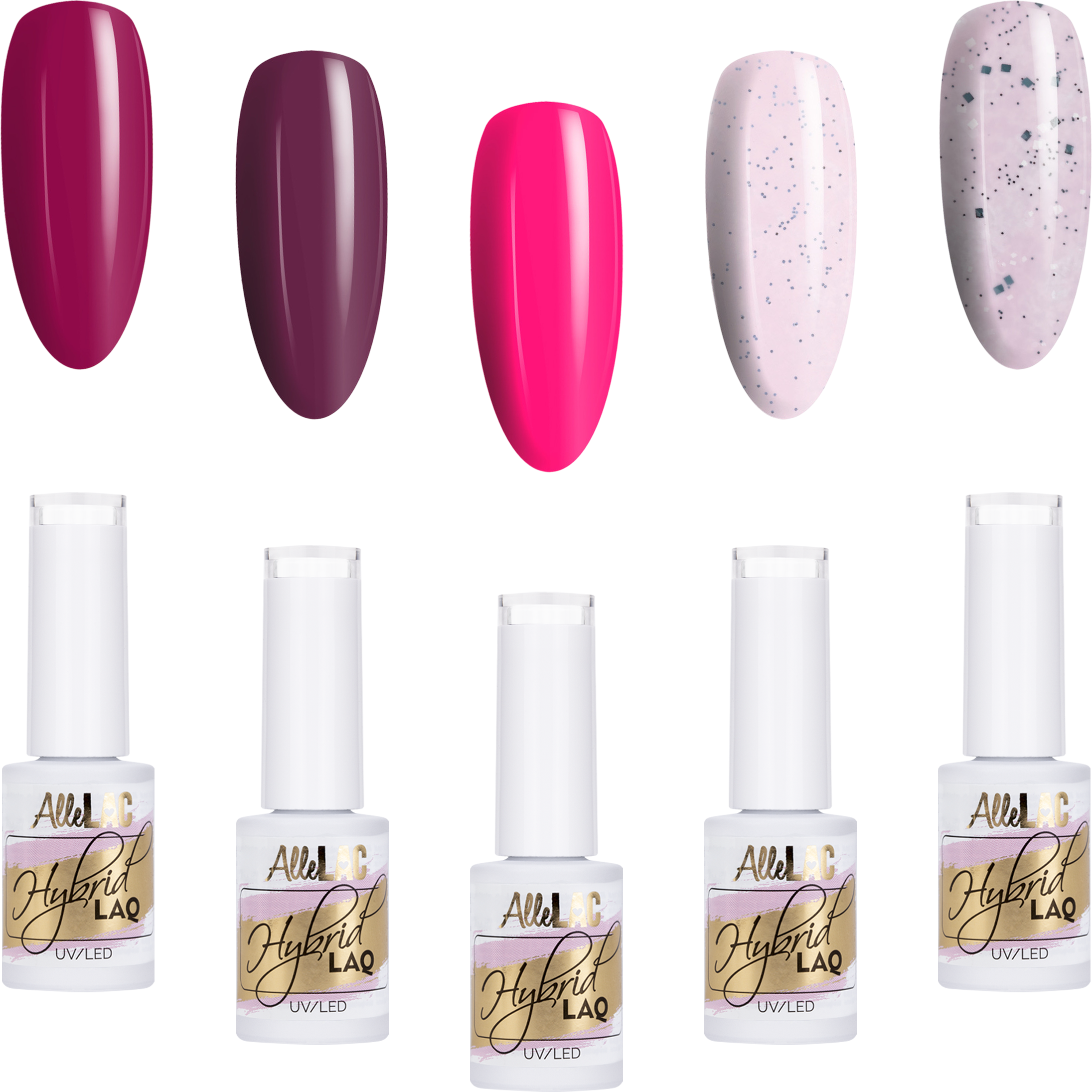 5x Lakier Hybrydowy ALLELAC 5g Fioletowe Różowe ZESTAW 5w1 Mix