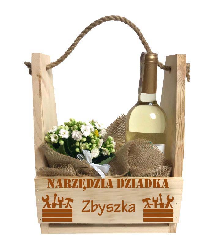 Prezent dla babci i dziadka nosidło doniczka na kwiaty piwo słodycze narzędzia skrzynka napis Imię GRAWER