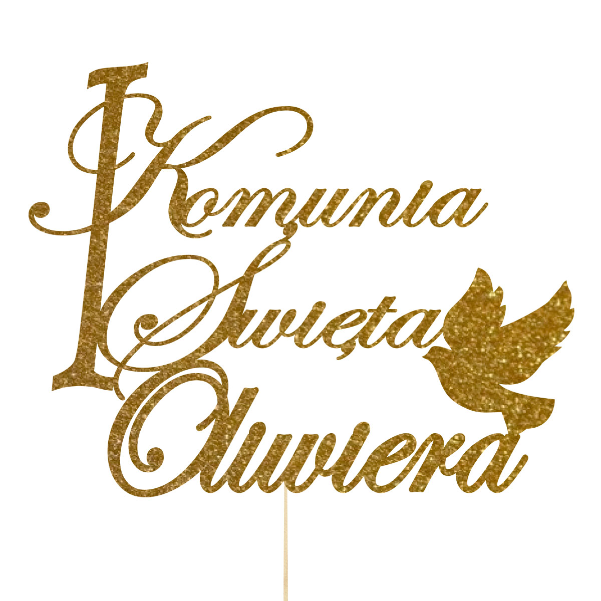 Topper dekoracja na bok tortu pik Pierwsza Komunia Święta drewno napis imię złoty