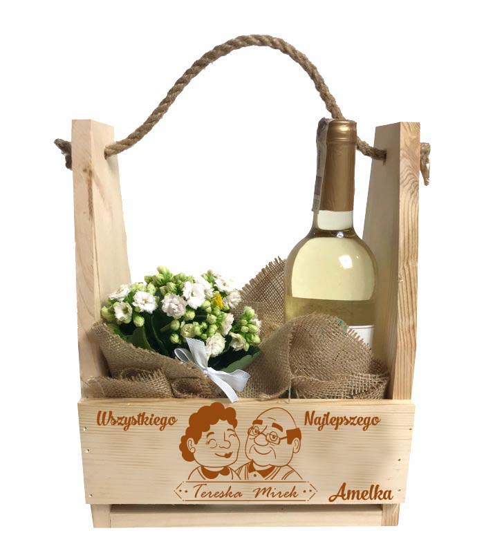 Prezent dla babci i dziadka nosidło doniczka na kwiaty piwo słodycze narzędzia skrzynka napis Imię GRAWER