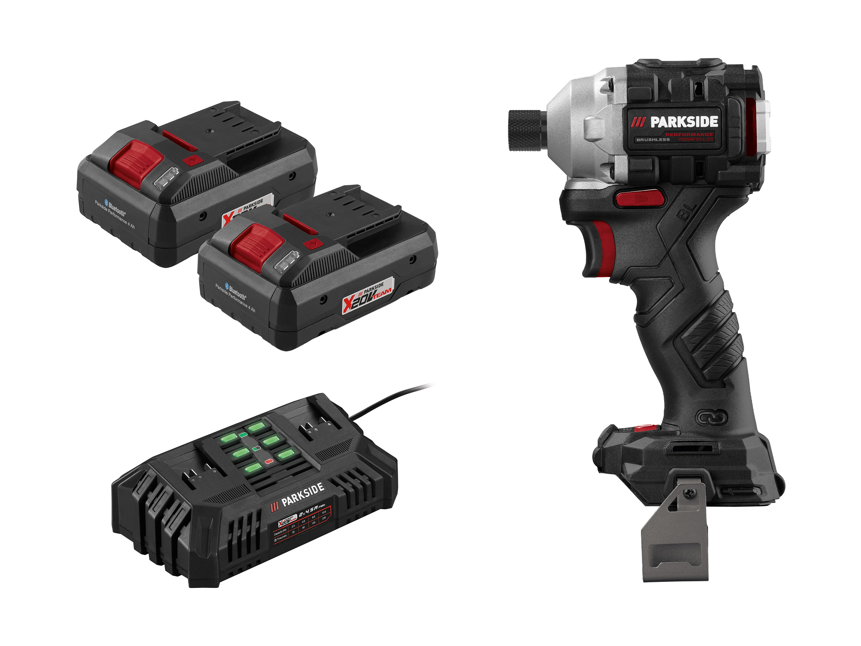 Parkside Performance Zestaw Akumulatorowy klucz udarowy 20 V z 2 akumulatorami Smart 4 Ah i ładowarką 2 x 4,5 A