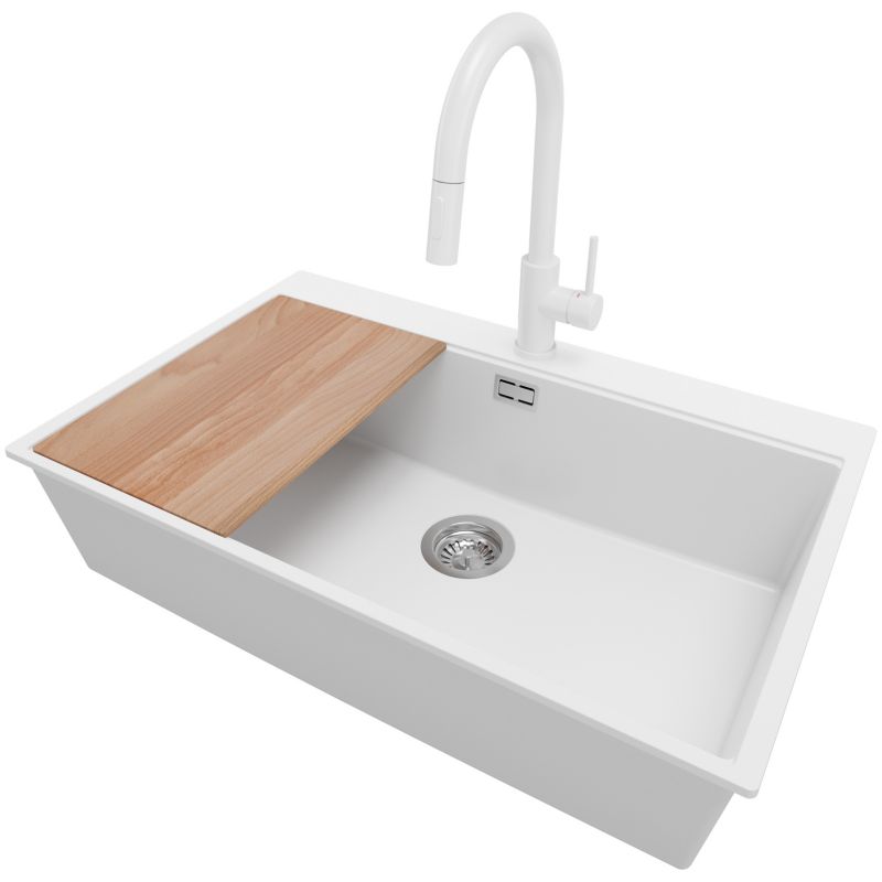 Zlewozmywak Granitowy Oslo PRIMAGRAN Nablatowy 78x50cm do szafki od 80cm, Biały + Bateria 40x20cm + Syfon + Deska, S615, 1 szt.