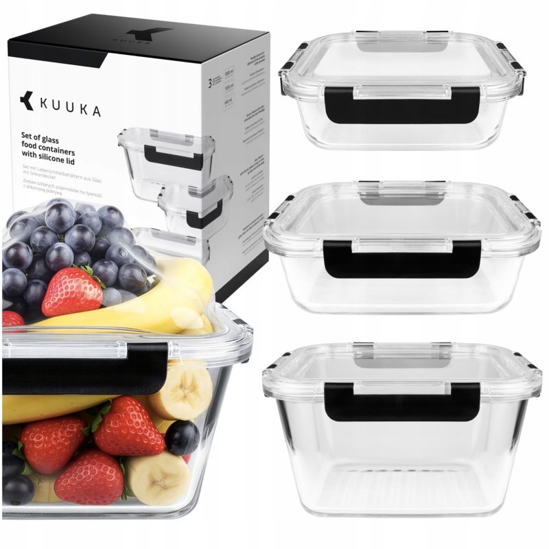 Pojemniki na żywność, Kuuka, szklane, z pokrywką, 640ml 1050ml 1800ml, BPA Free, lunchbox, szkło borokrzemowe, 3szt
