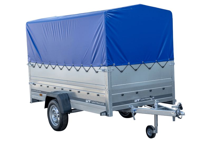Przyczepka samochodowa Unitrailer na resorach 264x125 GARDEN 264/R KIPP z burtami BIS, stelażem H-800 i pokrowcem 1 szt.