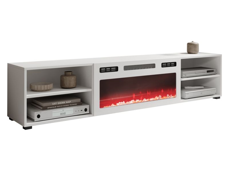 Szafka RTV z kominkiem MIRJAN 24 Polo 180 biały + biały kominek 1 szt.