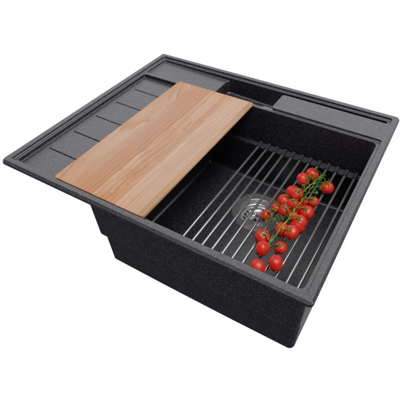 Zlewozmywak Sydney Pocket PRIMAGRAN Nablatowy 62x53cm do szafki od 45cm, Grafitowy + Syfon + Akcesoria, S028, 1 szt.