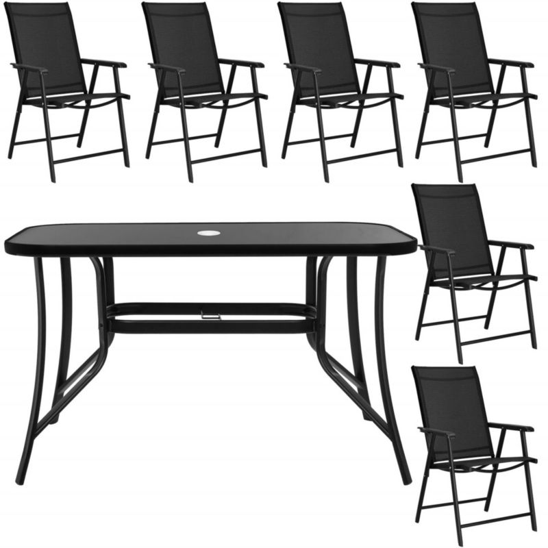 Zestaw mebli ogrodowych Springos stół ze szkłem hartowanym, 6 krzeseł komplet na taras czarny 1 kpl.