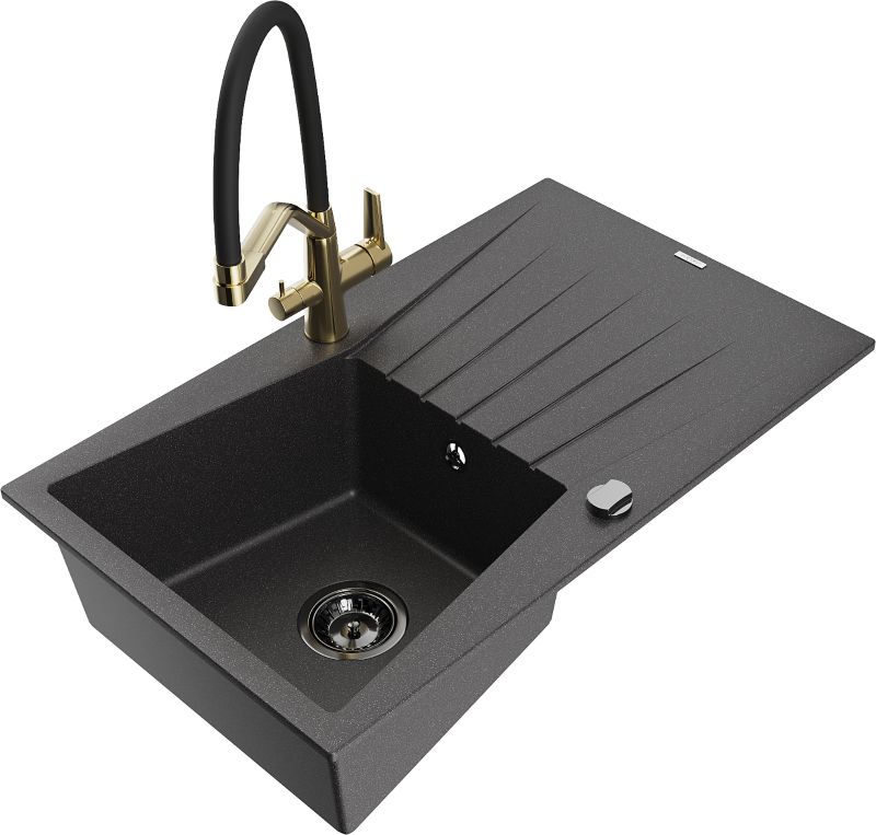 Zlewozmywak granitowy Mexen Cesar 1-komorowy z ociekaczem i baterią kuchenną Duo czarny/srebrny - 6514-73-671701-57-B 1 szt.