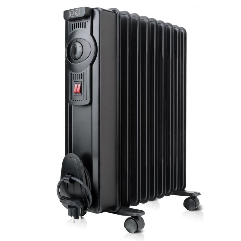 Grzejnik olejowy Black+Decker 1500W BXRA, czarny, termostat, światełko, kółka, 1 szt.