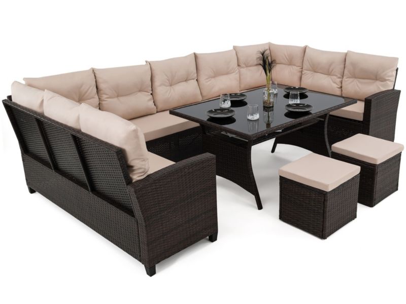 Zestaw mebli ogrodowych MebleMWM PORTO technorattan brązowy poduszki 01 beżowe 11 osobowy 2 pojemniki 1 kpl