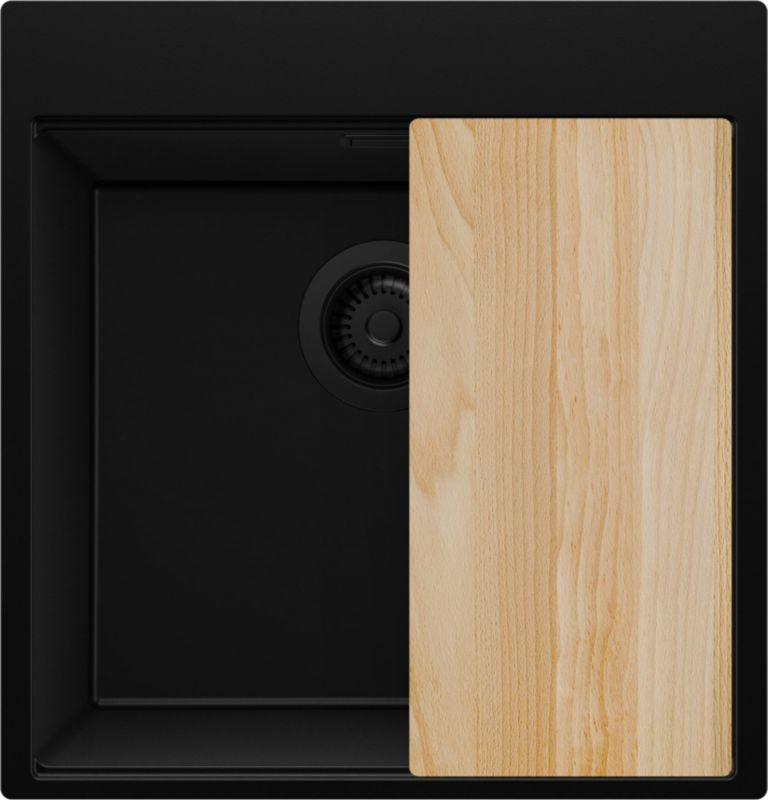 Zlewozmywak Oslo PRIMAGRAN Nablatowy 48x50cm do szafki od 50cm, Cały Czarny + Syfon + Deska, S299, 1 szt.