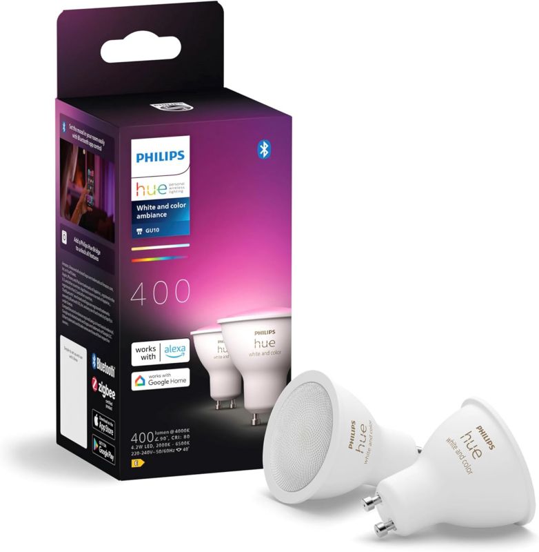 Żarówka LED Philips HUE GU10 Reflektor 4.2W 400lm 2000-6500K CCT RGB Inteligentna Bluetooth White and Color Ambiance 2 szt.