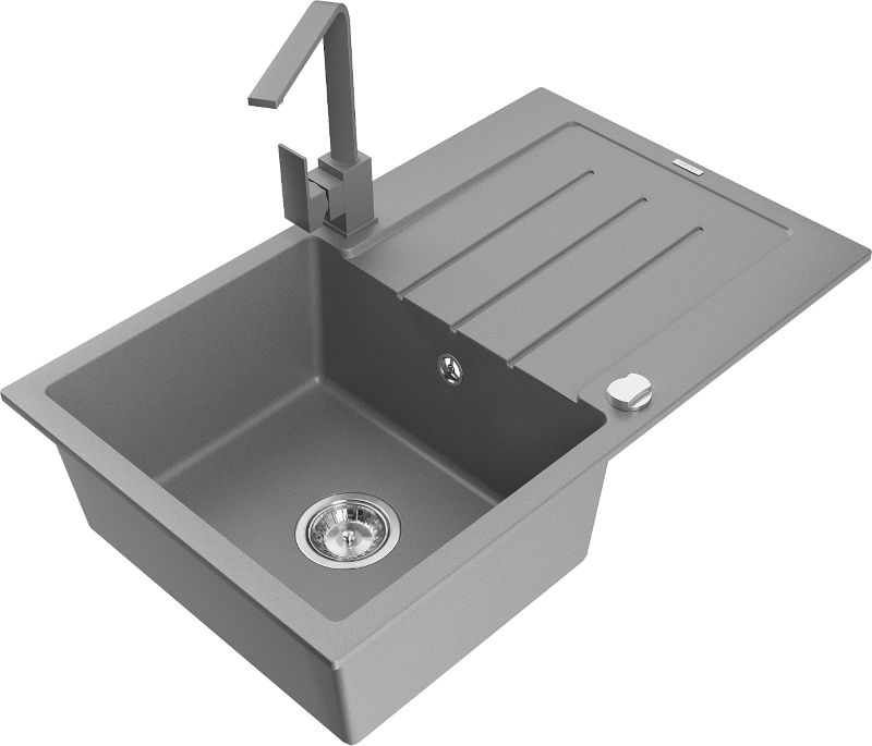 Zlewozmywak granitowy Mexen Bruno 1-komorowy z ociekaczem i baterią kuchenną Savita czarny/srebrny - 6513-73-672601-70 1 szt.