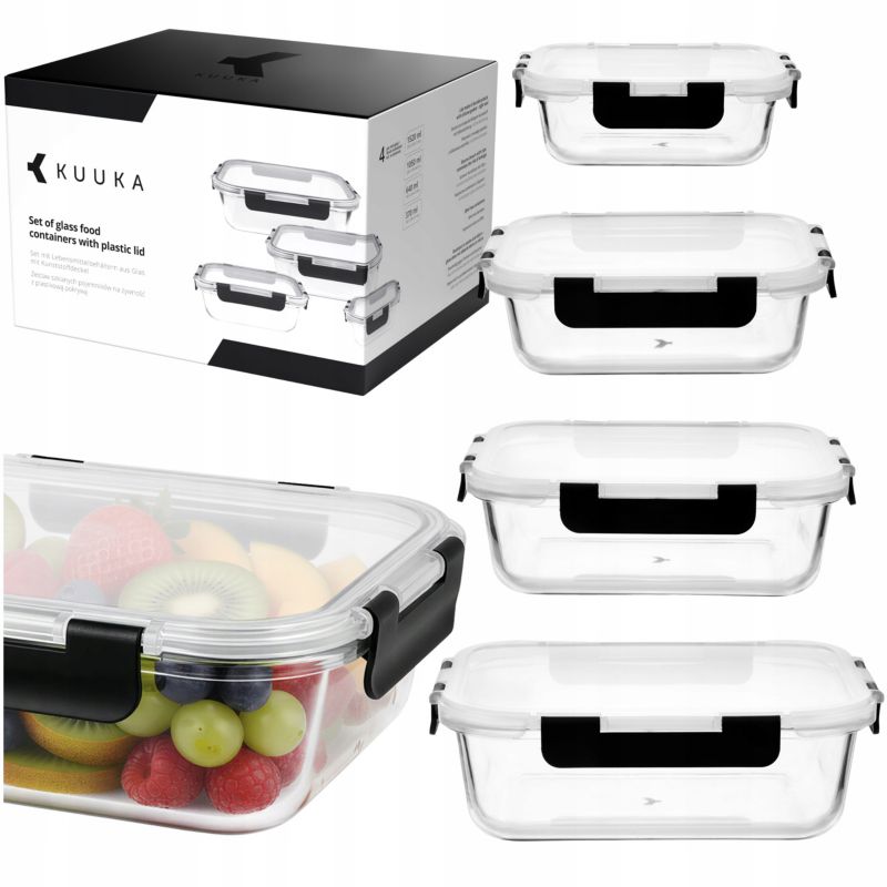 Pojemniki na żywność, Kuuka, szklane, z pokrywką, 370ml 640ml 1050ml 1520ml, BPA Free, lunchbox, szkło borokrzemowe, 4szt