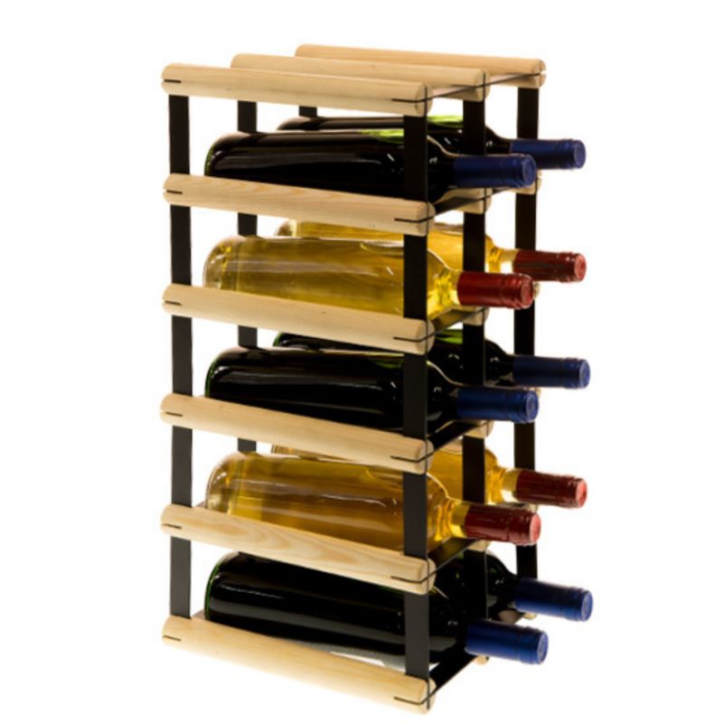 Stojak na wino MODO24 na butelki PET eko wąski minimalistyczny na 10 butelek czarny metal drewno naturalne 1 szt.