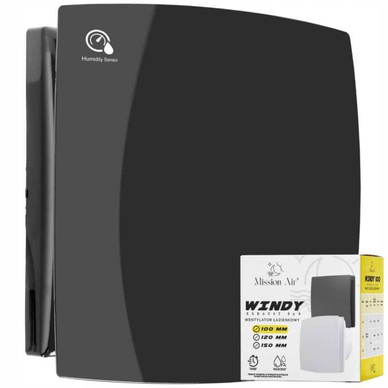 Wentylator łazienkowy Mission Air Windy 100 H+T czarny, cichy timer, czujnik wilgotności 1 szt
