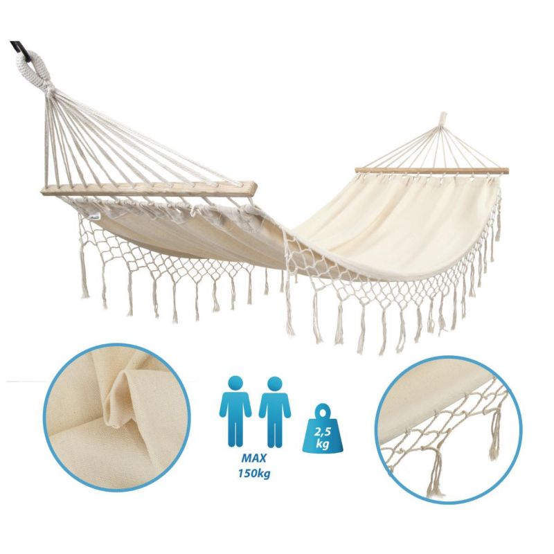 Hamak Enero Camp ogrodowy 2 osobowy 200X150cm z drążkiem i z frędzlami Miami ecru 1szt