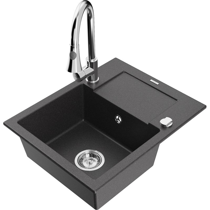 Zlewozmywak granitowy 1-komorowy Mexen Enzo z ociekaczem i baterią kuchenną Elia czarny nakrapiany 6506-76-670101-00