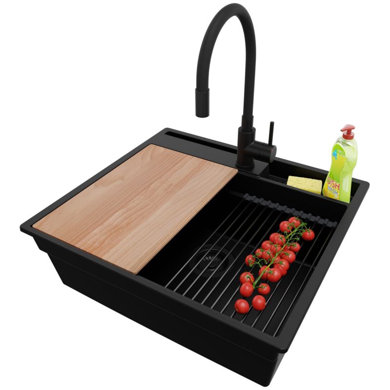 Zlewozmywak Granitowy Oslo Pocket PRIMAGRAN Nablatowy 58x53cm, Cały Czarny + Bateria + Syfon + Akcesorium, S296, 1 szt.