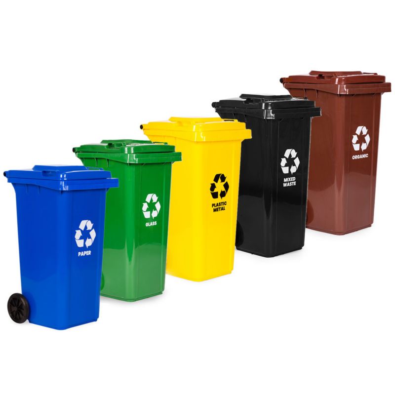 Zestaw 5 koszy na śmieci pojemniki 5x120L niebieski zielony żółty czarny brązowy gumowe koła 1 kpl.