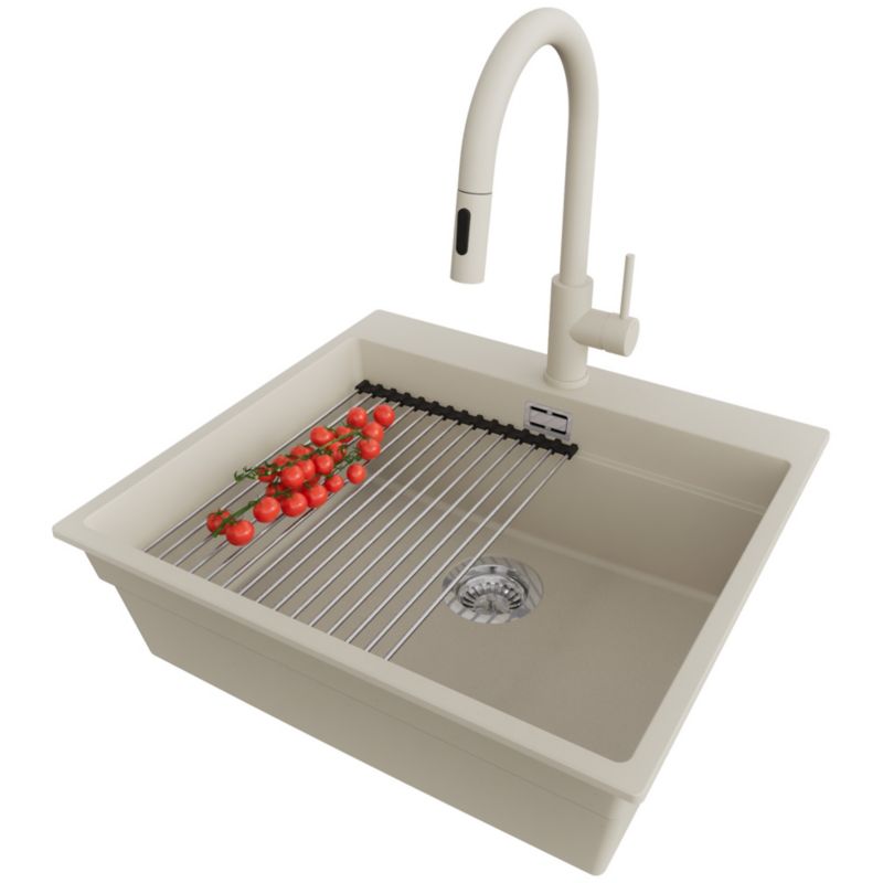 Zlewozmywak Granitowy Oslo Max PRIMAGRAN Nablatowy 58x53cm do szafki od 60cm, Beżowy + Bateria + Syfon + Akcesorium, S168, 1 szt.