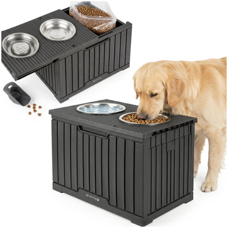 Zestaw 2 misek dla psa Be-active.pl z pojemnikiem na stojaku metalowe miski przesuwna pokrywa z akcesoriami szary 1szt.