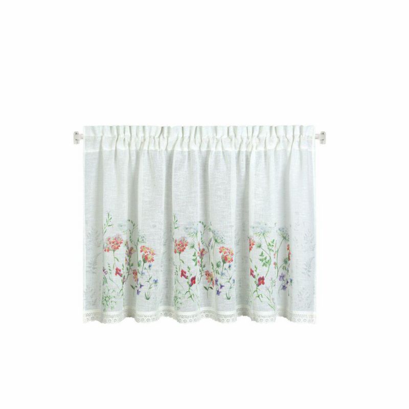 Zazdrostka SYLWIA Eurofirany 60 x 150 cm biało, zielona z etaminy z nadrukiem letnich kwiatów polnych i koronką 1 szt.